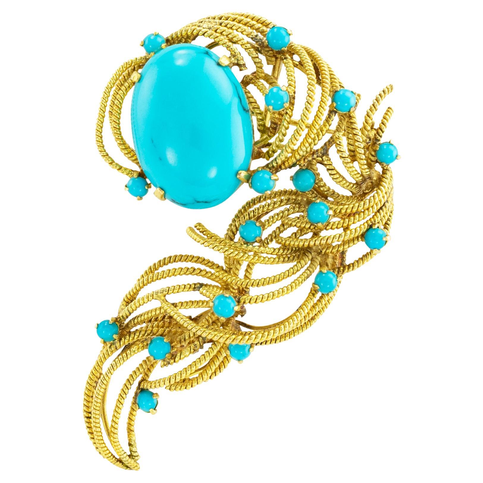 Turquoise Yellow Gold Brooch Pendant For Sale