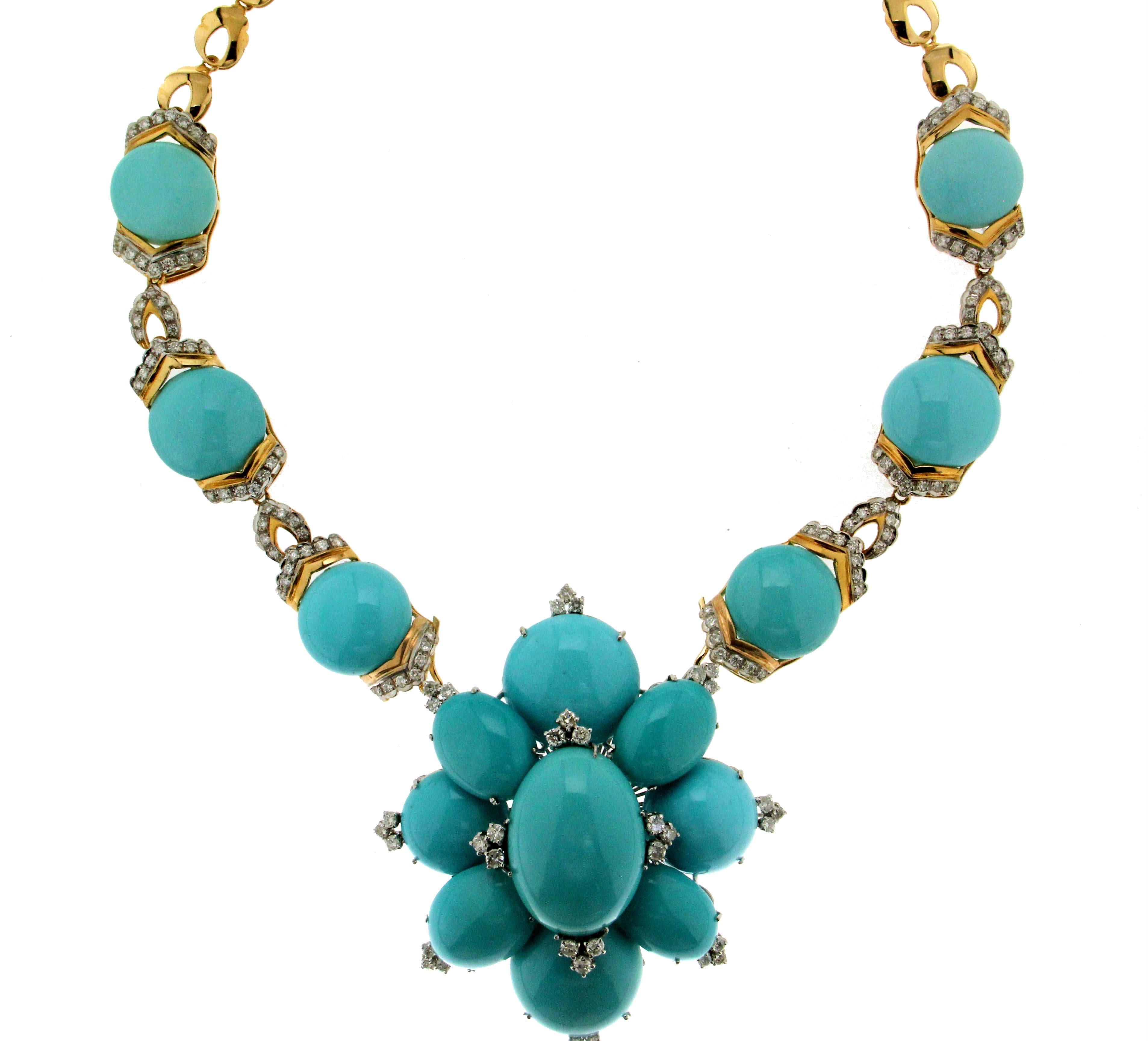 Turquoise yellow gold 18 carat diamonds pendant necklace.
The pendant can be take off and can use like brooch.

Necklace gold weight 59.20 grams
Necklace total weight 97 grams
Diamonds weight 4.25 carat
Turquoise weight 43.80 grams
Size Necklace 41