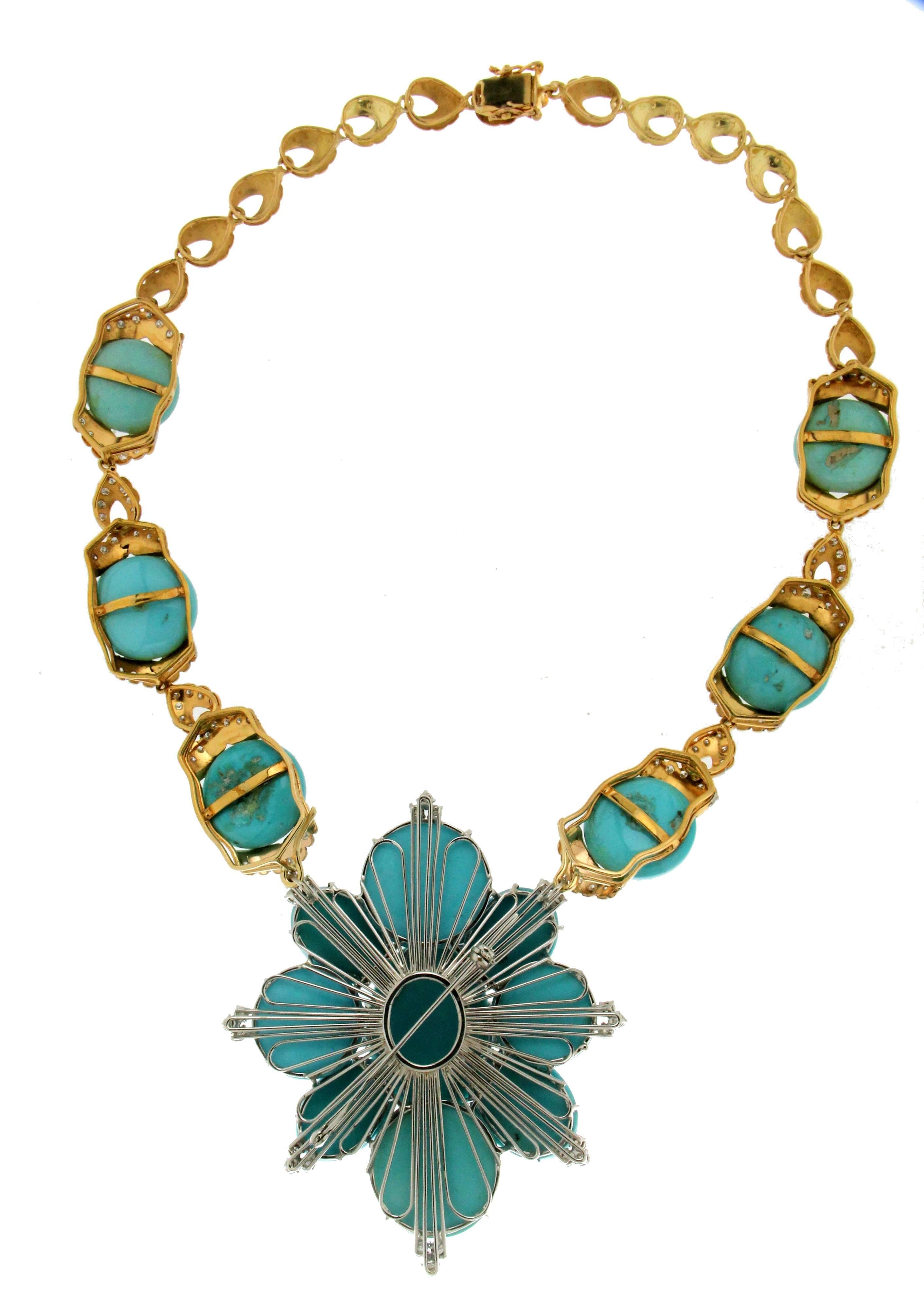 Modern Turquoise Yellow Gold Diamonds Pendant Necklace