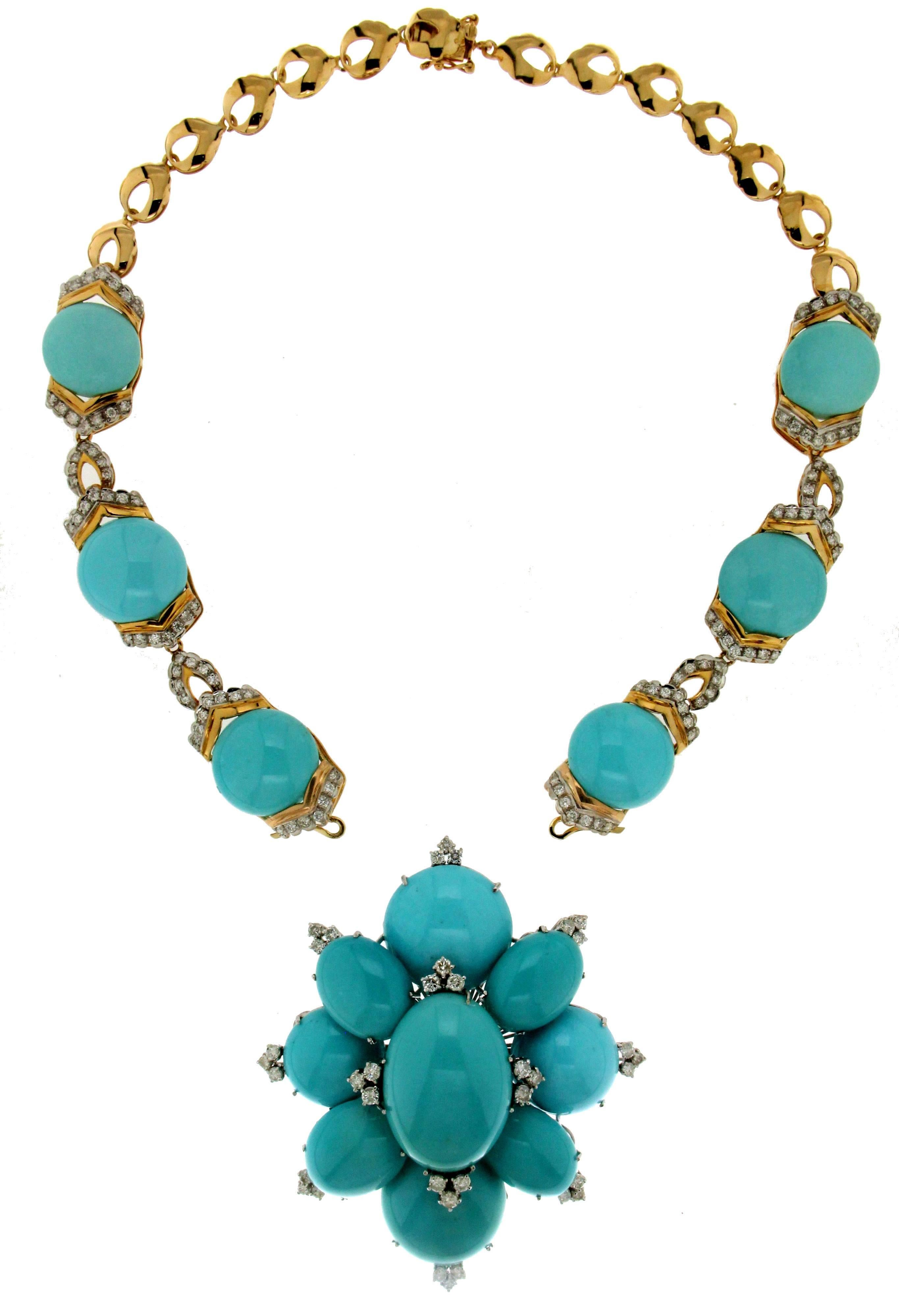 Turquoise Yellow Gold Diamonds Pendant Necklace In New Condition In Marcianise, IT