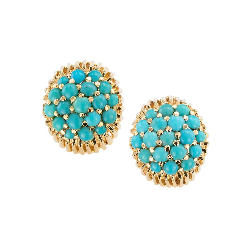 Estate turquoise and yellow gold cluster earrings circa 1960.  Clear and concise information you want to know is listed below.  Contact us right away if you have additional questions.  We are here to connect you with beautiful and affordable