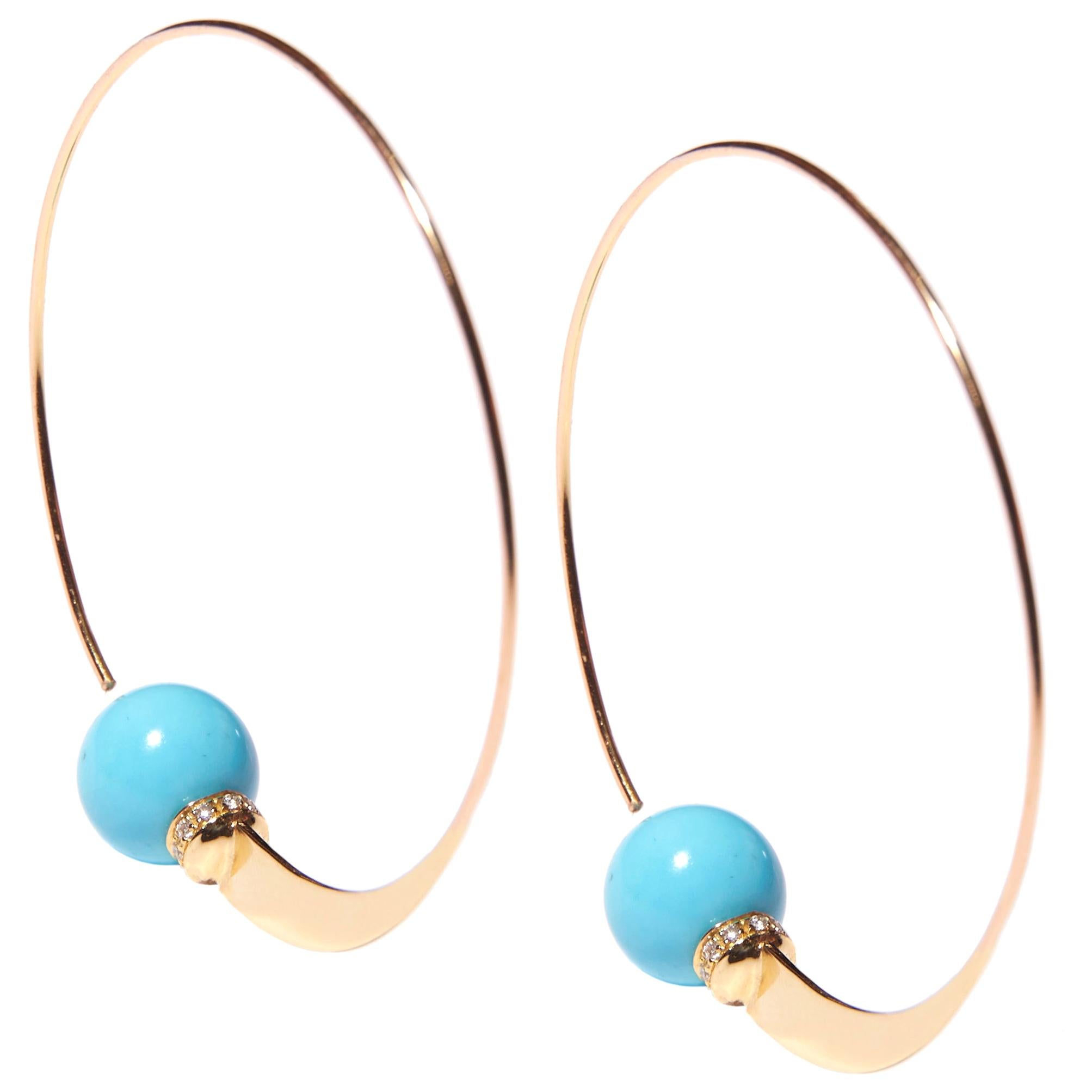 Turquoise Yellow Gold Hoop Earrings with Diamond Detail