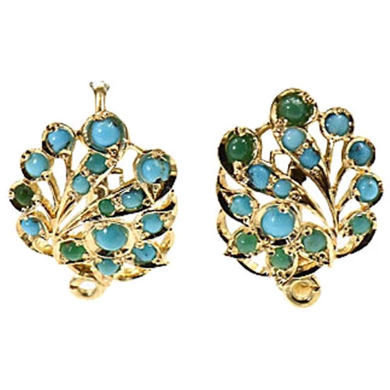 Turquoise Yellow Gold Leaf Earrings