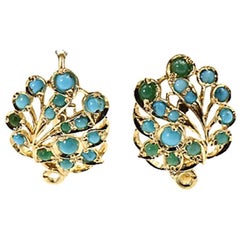 Turquoise Yellow Gold Leaf Earrings