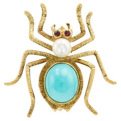 Retro Turquoise Yellow Gold Spider Brooch