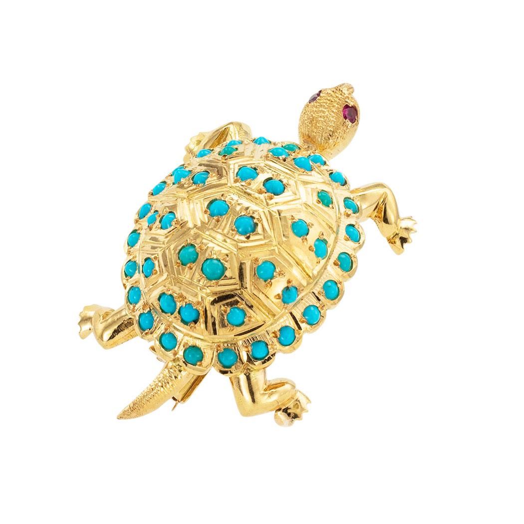 Vintage turquoise and yellow gold turtle brooch circa 1950. 

ABOUT THIS ITEM:  #P5026. Scroll down for specifications.  The shell of the figural turtle brooch is studded with round turquoise stones and decorated by various tool work styles