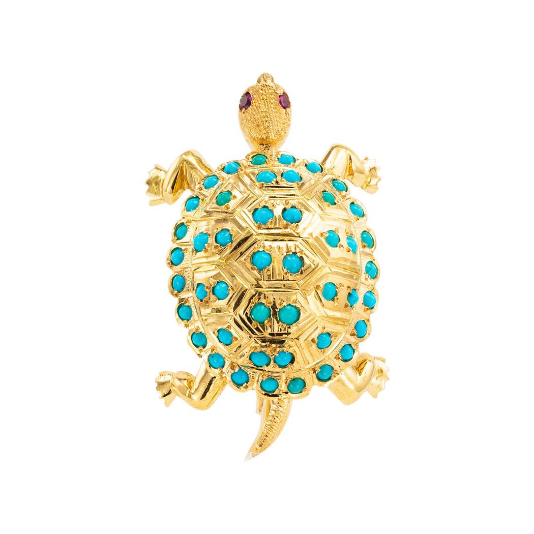 Türkis-Schildkrötenbrosche aus Gelbgold (Cabochon) im Angebot