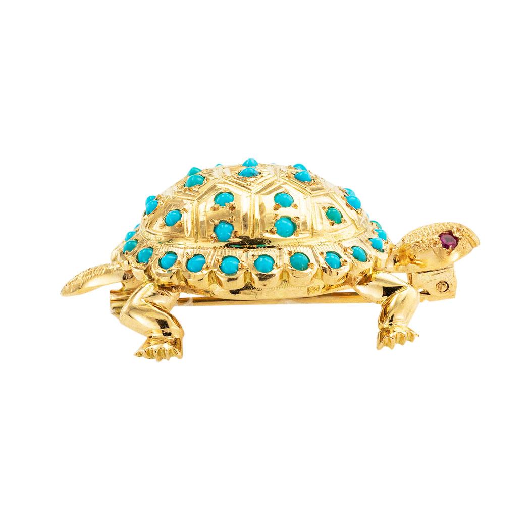 Modern Turquoise Yellow Gold Turtle Brooch For Sale