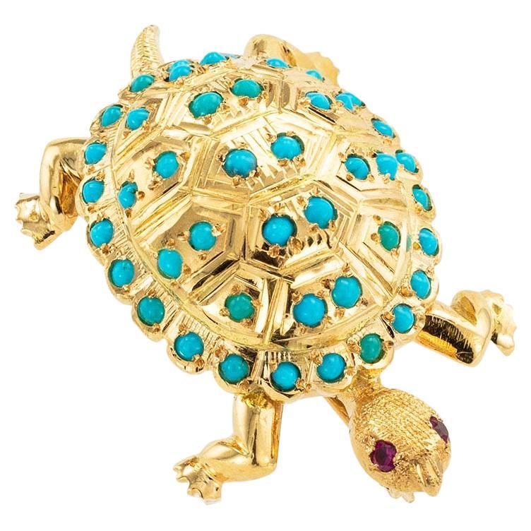 Turquoise Yellow Gold Turtle Brooch
