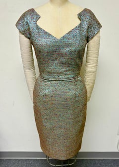 Turquoise Zigzag Raglan Sleeve Slim Dress in Woven French Brocade