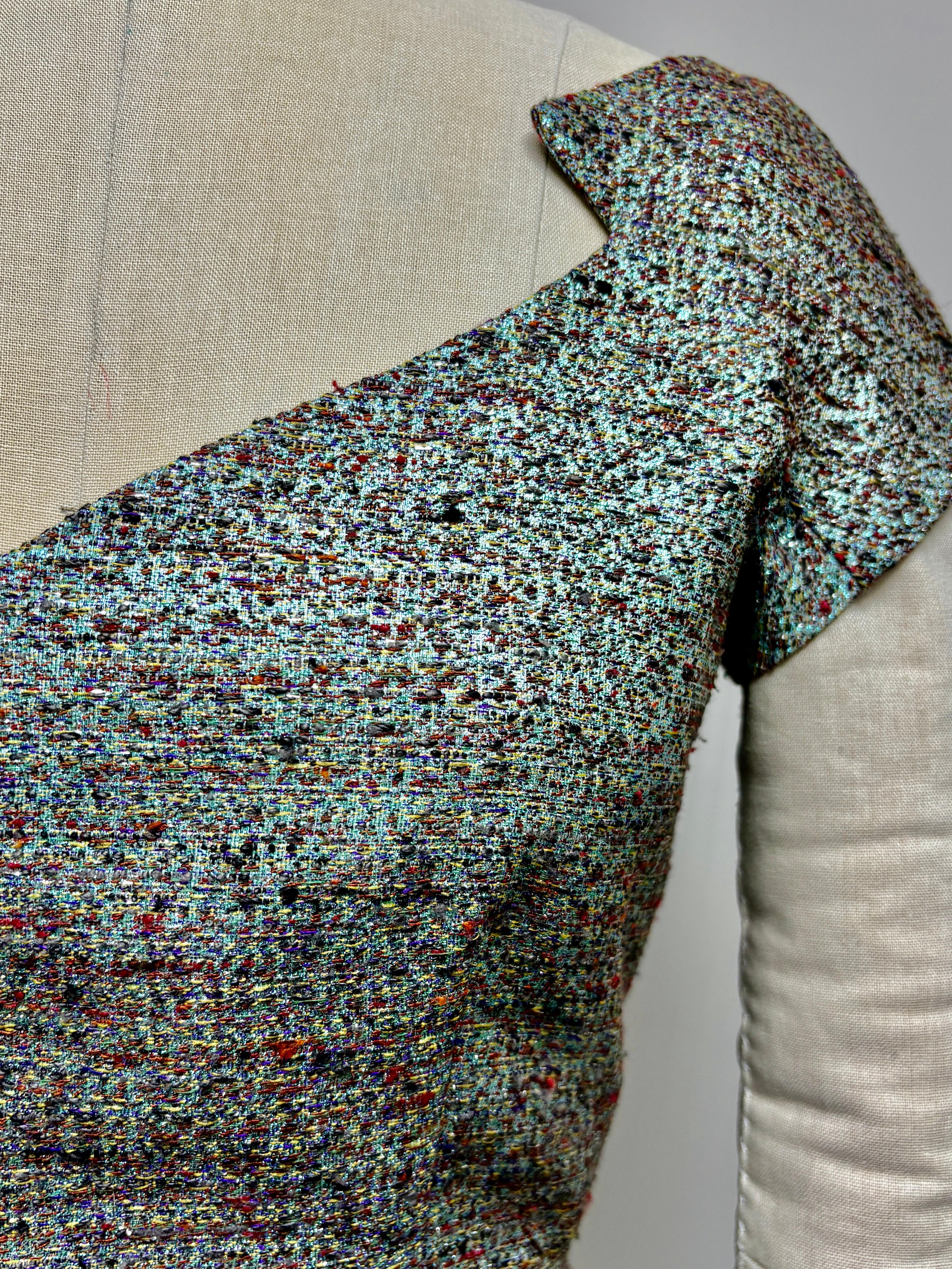 Vestido slim de manga raglán zigzag turquesa en brocado francés tejido en venta 3