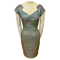 Vintage Turquoise Zigzag Raglan Sleeve Slim Dress in Woven French Brocade