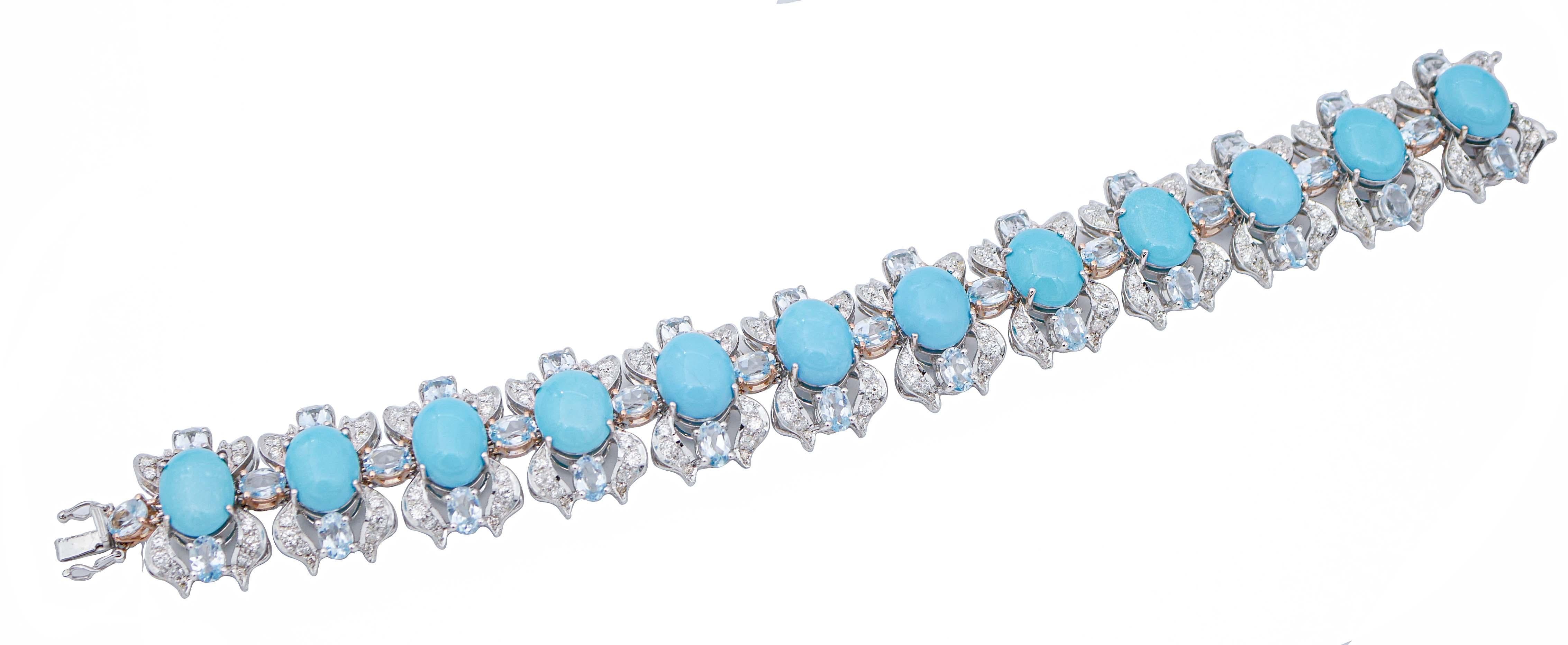 SHIPPING POLICY:
No additional costs will be added to this order.
Shipping costs will be totally covered by the seller (customs duties included).

Beautiful bracelet in 14 kt white gold structure mounted of 12 sections with an oval turquoise
