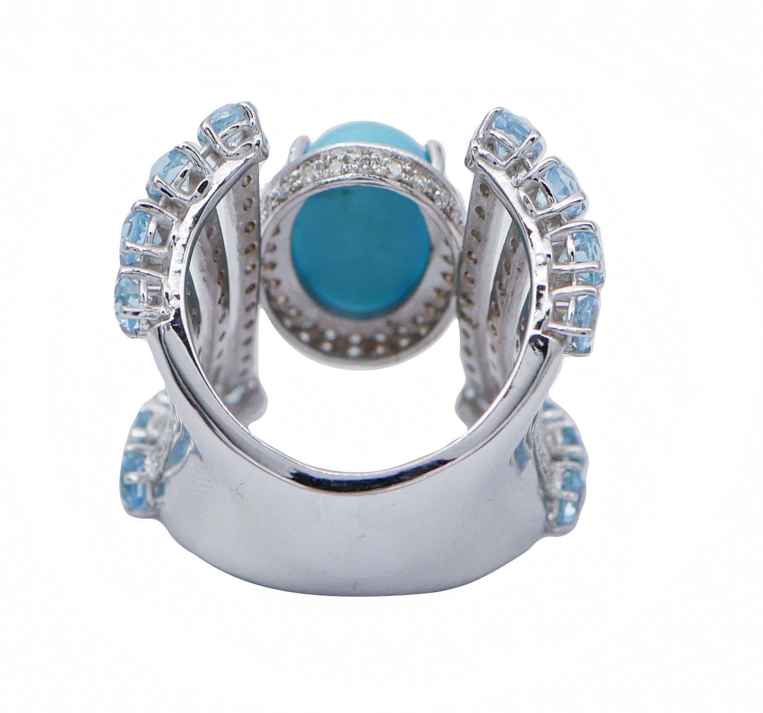 Retro Turquoise, Aquamarine, Diamonds, 18 Karat White Gold Ring For Sale