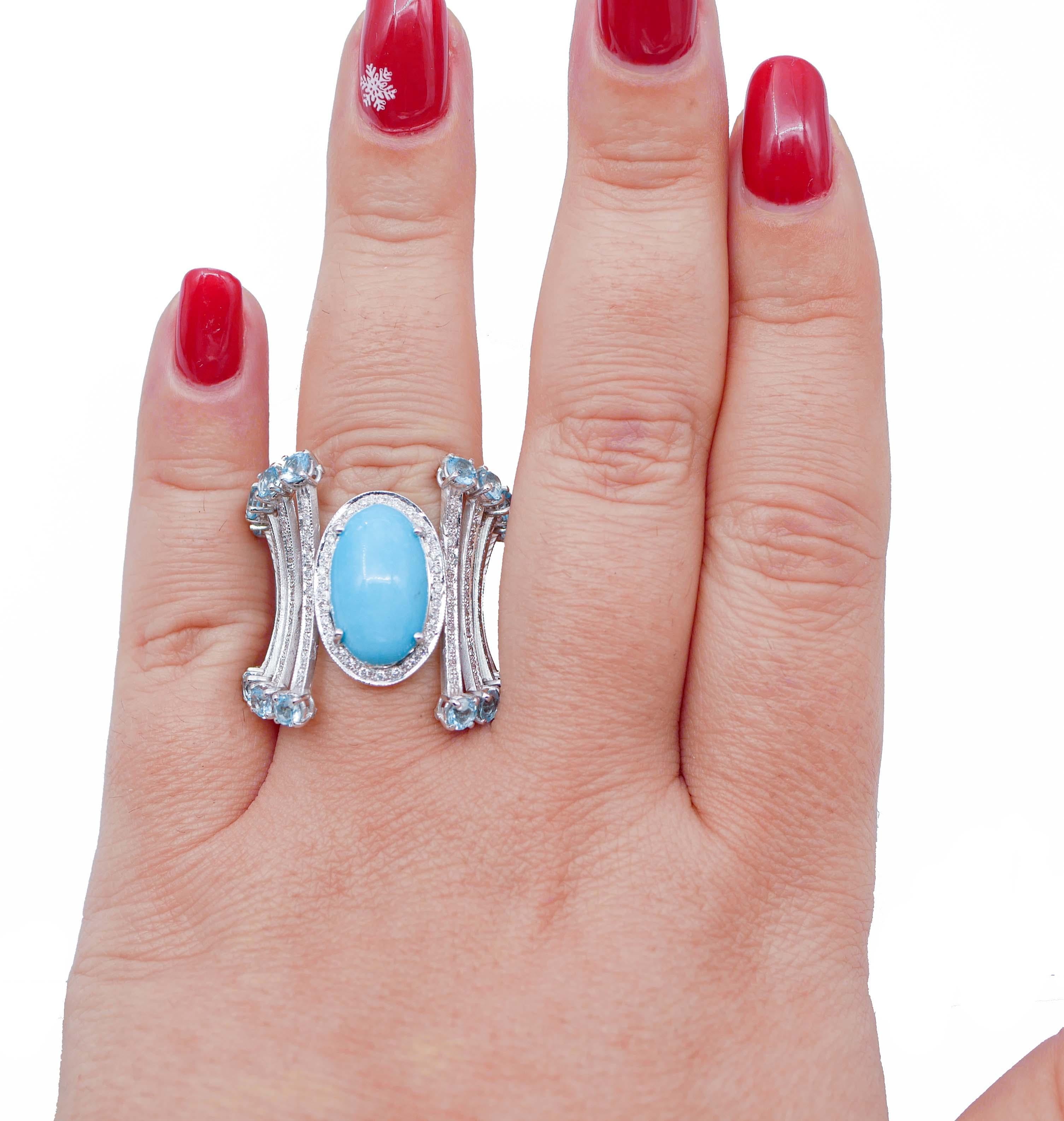 Mixed Cut Turquoise, Aquamarine, Diamonds, 18 Karat White Gold Ring For Sale