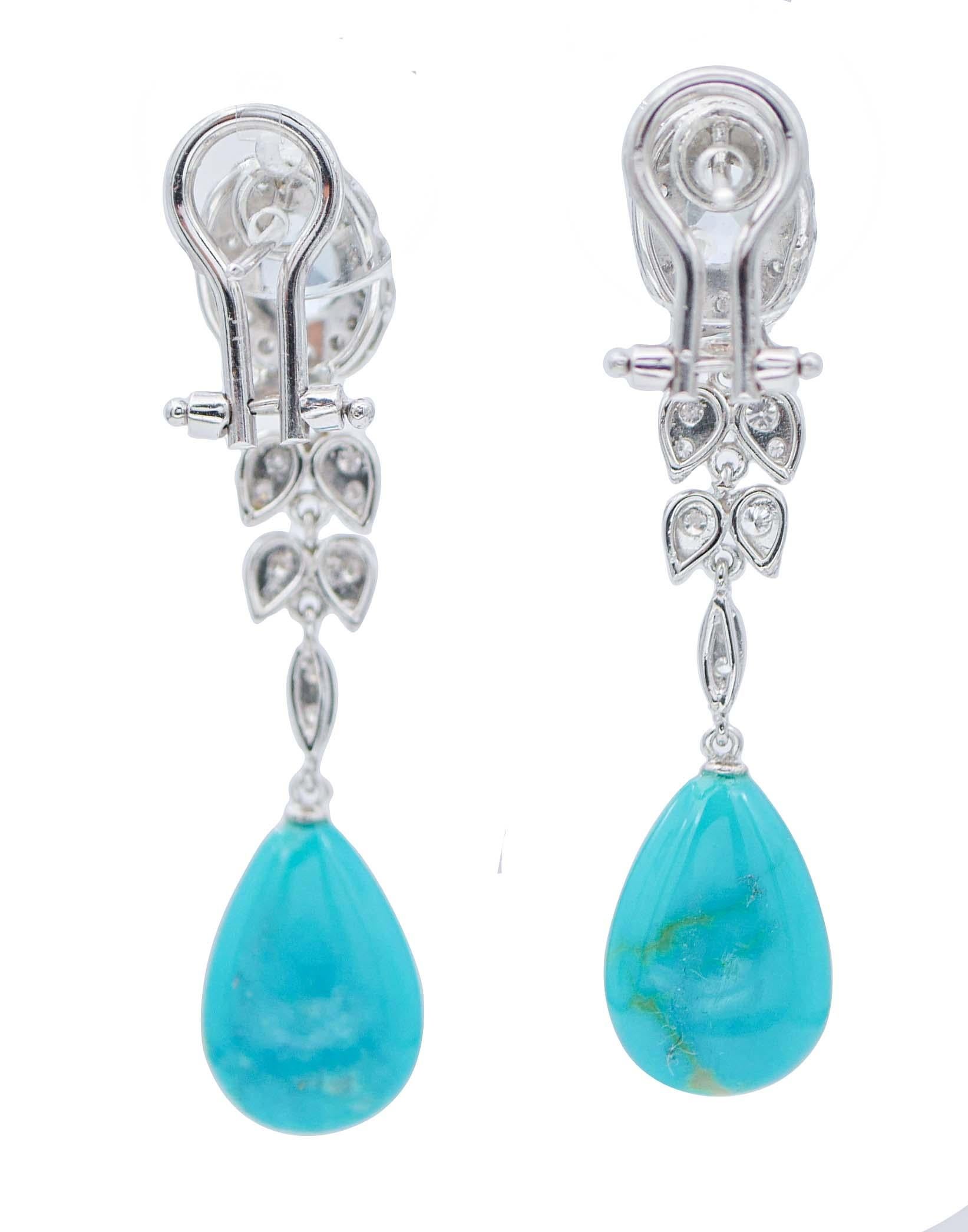 Retro Turquoise, Aquamarine, Diamonds, Platinum Dangle Earrings