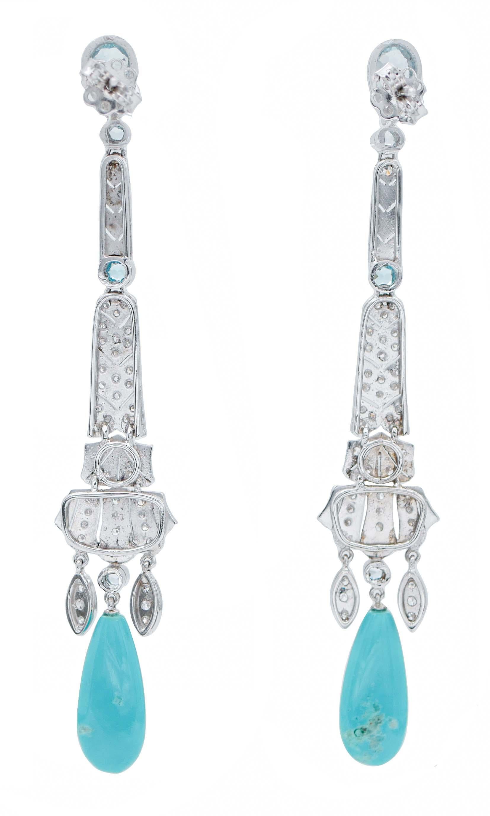 Retro Turquoise, Aquamarine, Diamonds, Platinum Dangle Earrings