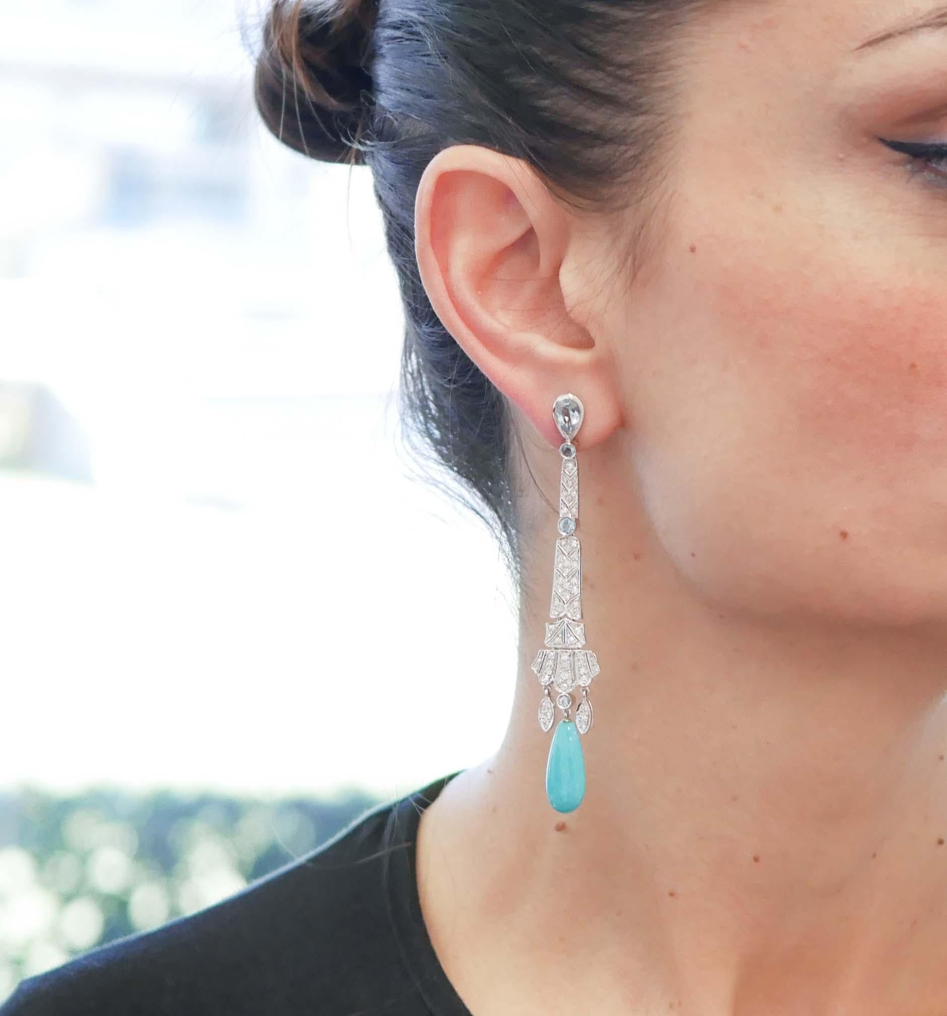 Mixed Cut Turquoise, Aquamarine, Diamonds, Platinum Dangle Earrings