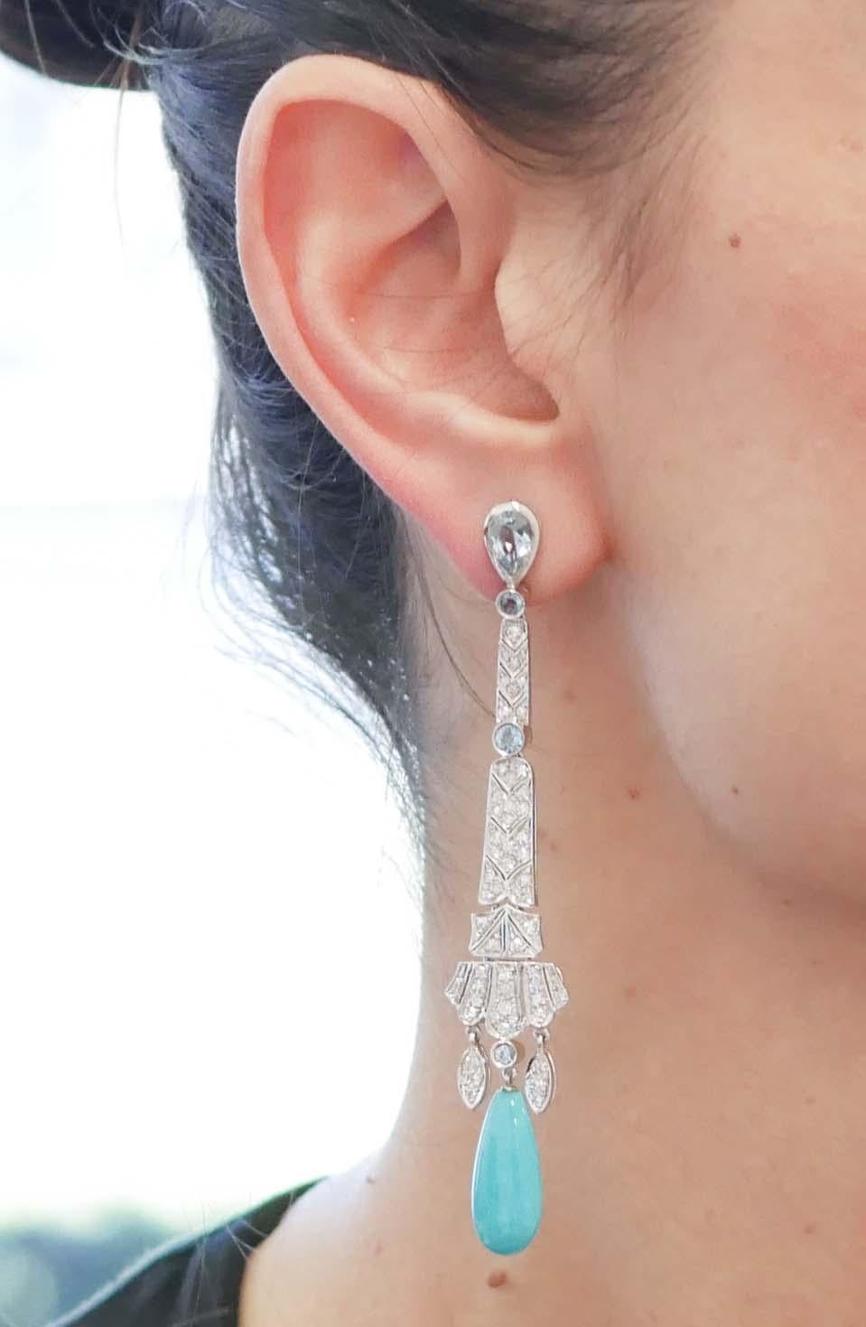 Turquoise, Aquamarine, Diamonds, Platinum Dangle Earrings In Good Condition In Marcianise, Marcianise (CE)