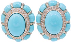 Turquoise, Diamonds, 14 Karat Rose Gold Earrings.