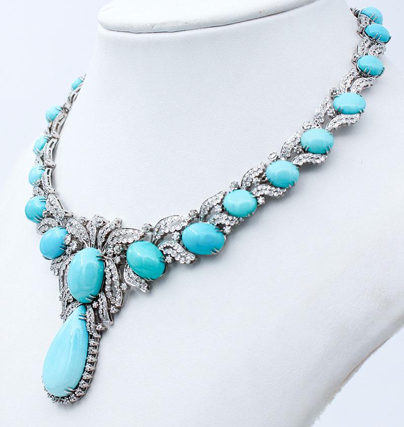 Retro Turquoise, Diamonds, 14 Karat White Gold Necklace