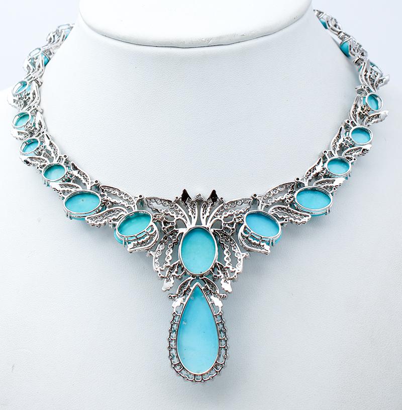 Mixed Cut Turquoise, Diamonds, 14 Karat White Gold Necklace