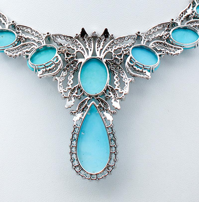 Turquoise, Diamonds, 14 Karat White Gold Necklace In Good Condition In Marcianise, Marcianise (CE)