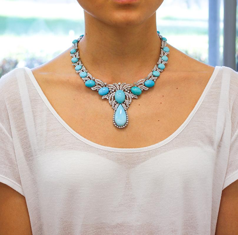 Women's Turquoise, Diamonds, 14 Karat White Gold Necklace