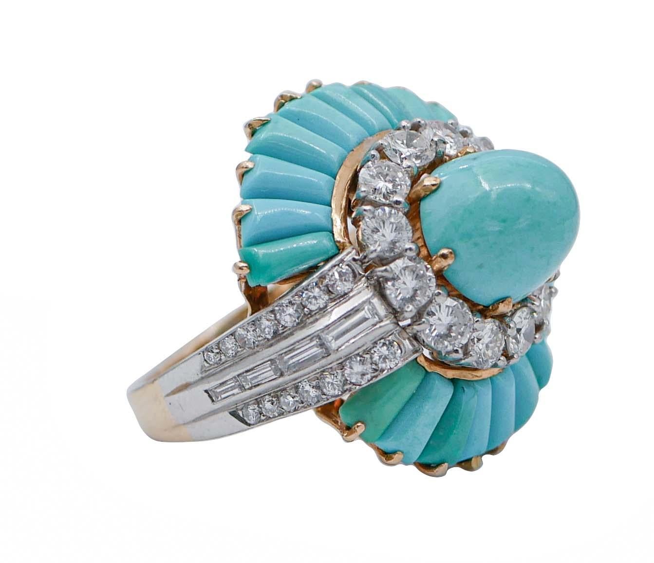 Gorgeous ring in 18 kt rose gold and platinum structure mounted with diamonds and turquoise.
This ring was totally handmade by Italian master goldsmiths and it is in perfect conditions.
Diamonds 2.00 ct
Turquoise 3.30 gr
Total Weight 14.00 gr
RF 