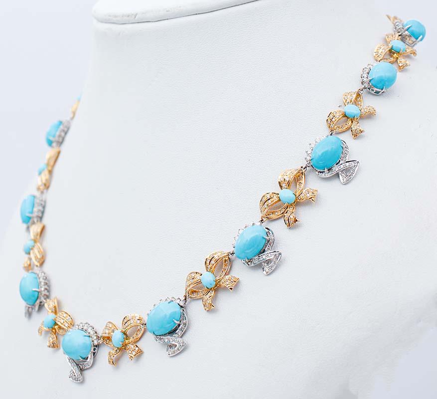 Elegant retrò necklace in 18 karat white and yellow gold structure mounted with yellow gold bows studded with diamonds and little turquoise in the central part. Between of them, white gold structures mounted with diamonds and an oval turquoise.
This