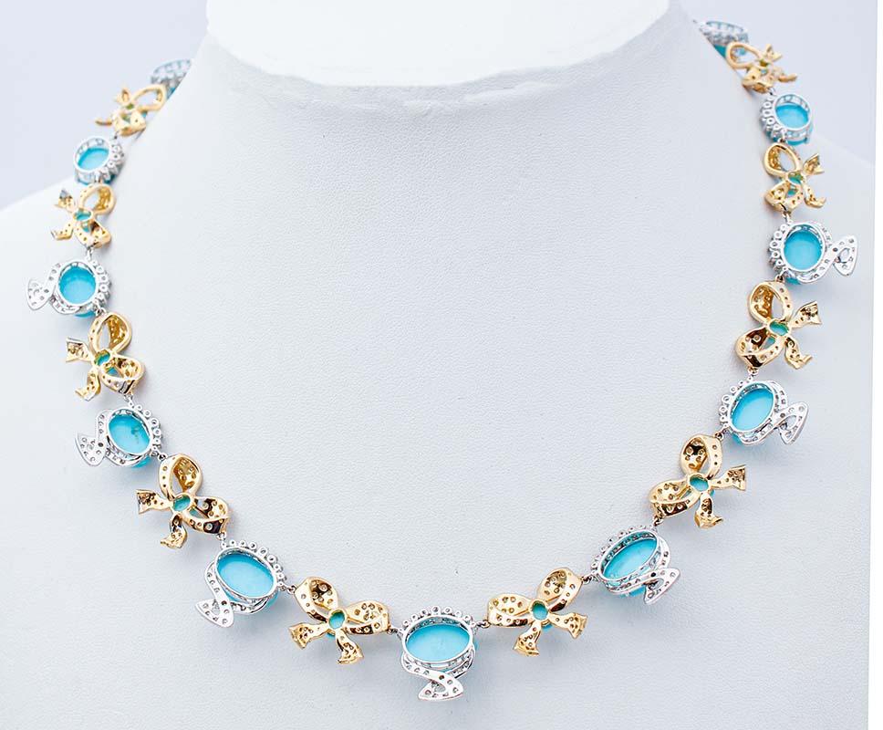 Retro Turquoise, Diamonds, 18 Karat White and Yellow Gold Necklace