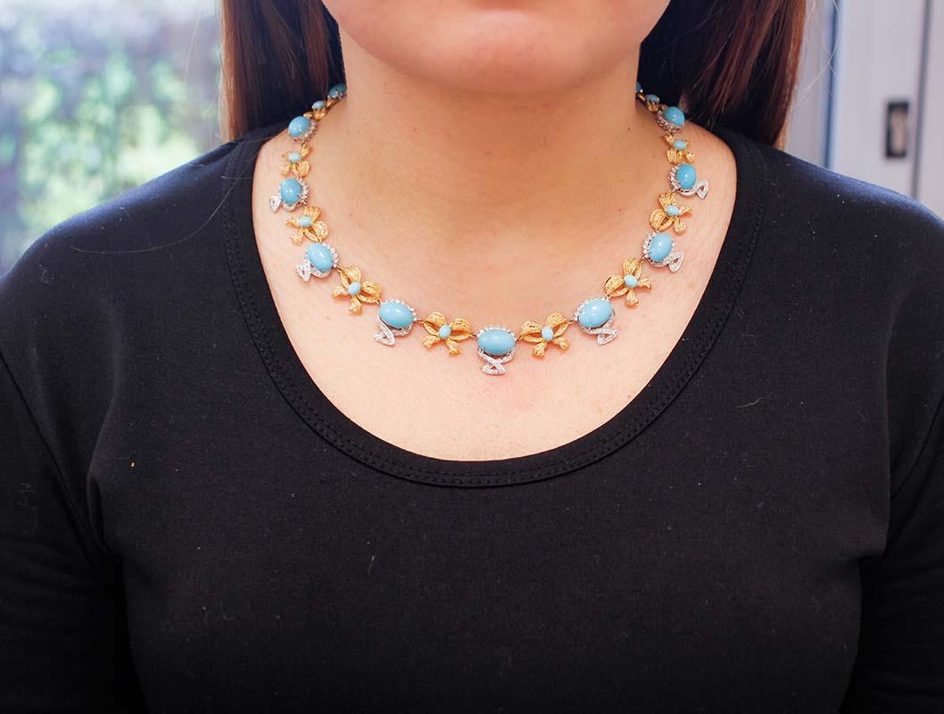 Mixed Cut Turquoise, Diamonds, 18 Karat White and Yellow Gold Necklace