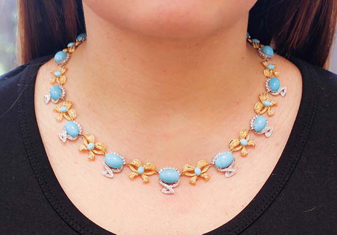 Turquoise, Diamonds, 18 Karat White and Yellow Gold Necklace In Good Condition In Marcianise, Marcianise (CE)