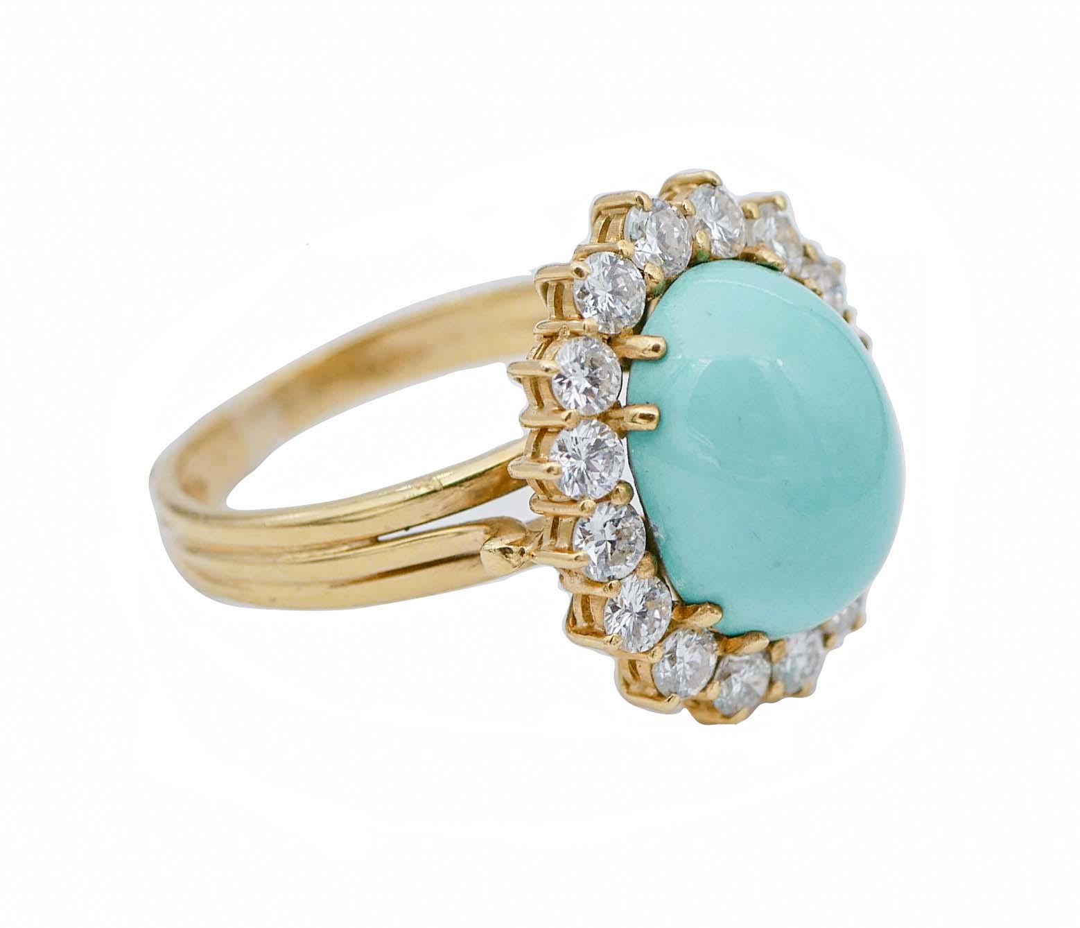 SHIPPING POLICY:
No additional costs will be added to this order.
Shipping costs will be totally covered by the seller (customs duties included).

Elegant retrò ring in 18 kt yellow gold structure munted with a central turquoise surrounded by