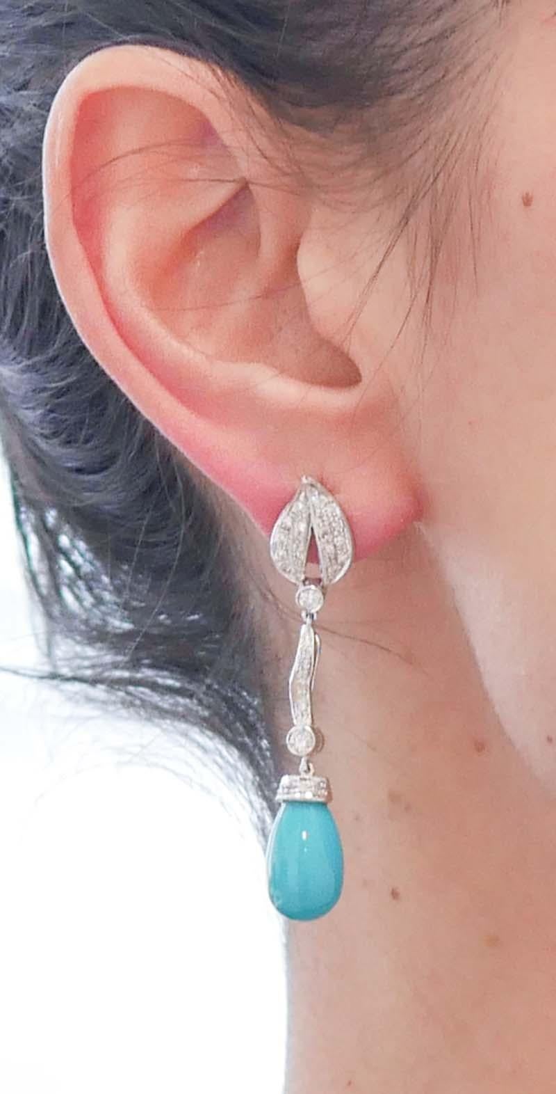 Turquoise, Diamonds, Platinum Dangle Earrings In Good Condition For Sale In Marcianise, Marcianise (CE)