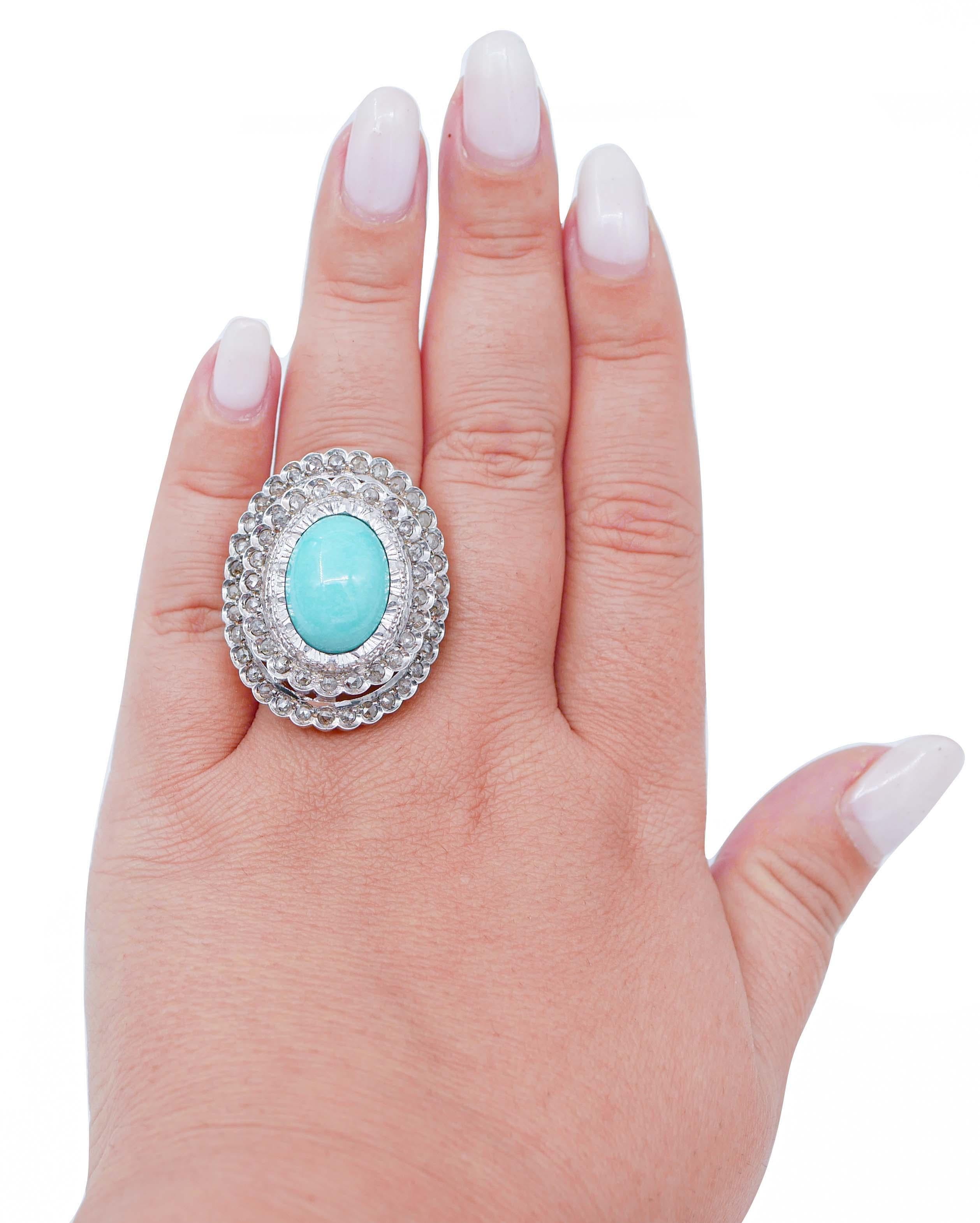 Mixed Cut Turquoise, Diamonds, Rose Gold and Silver Retrò Ring