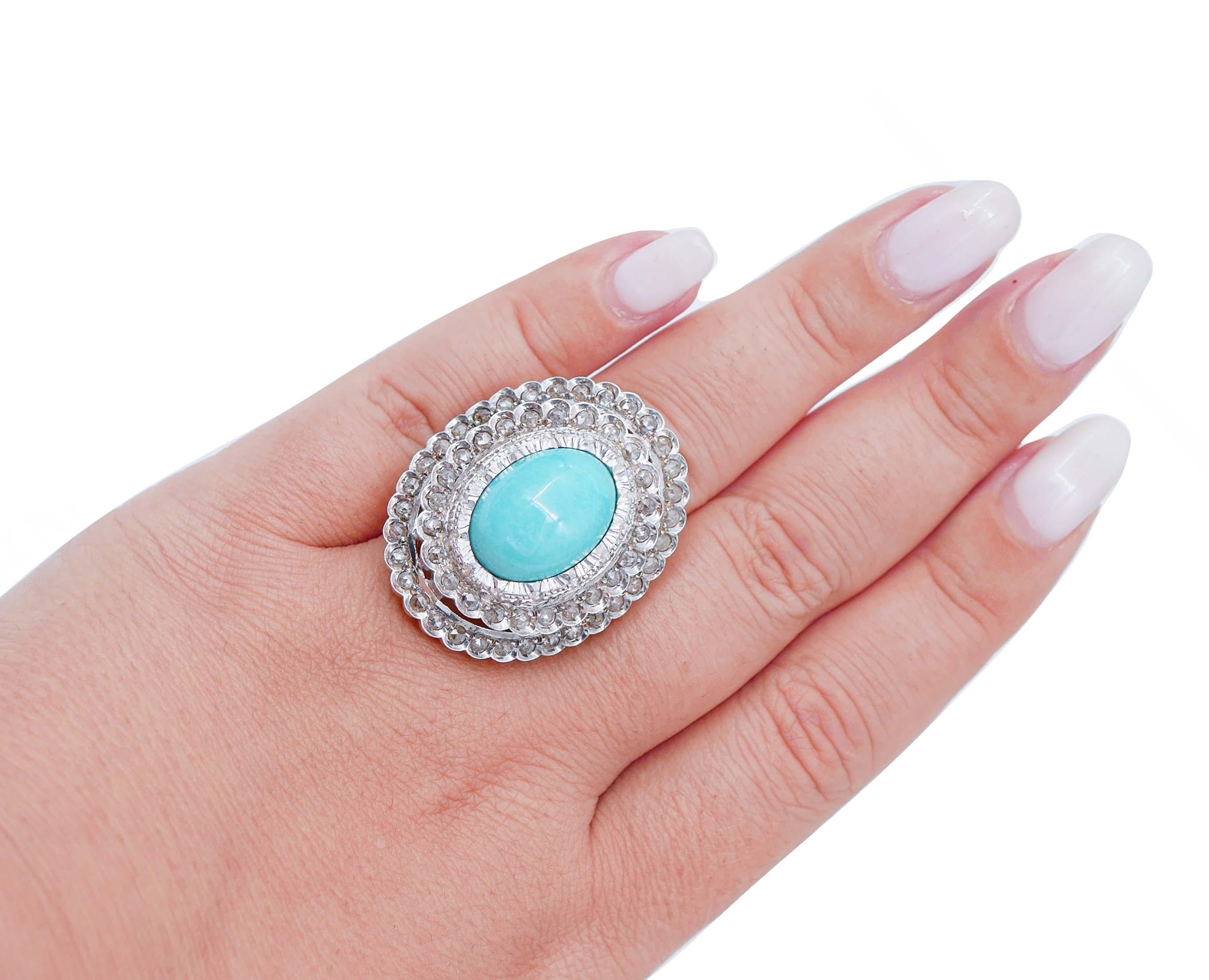 Turquoise, Diamonds, Rose Gold and Silver Retrò Ring In Good Condition In Marcianise, Marcianise (CE)