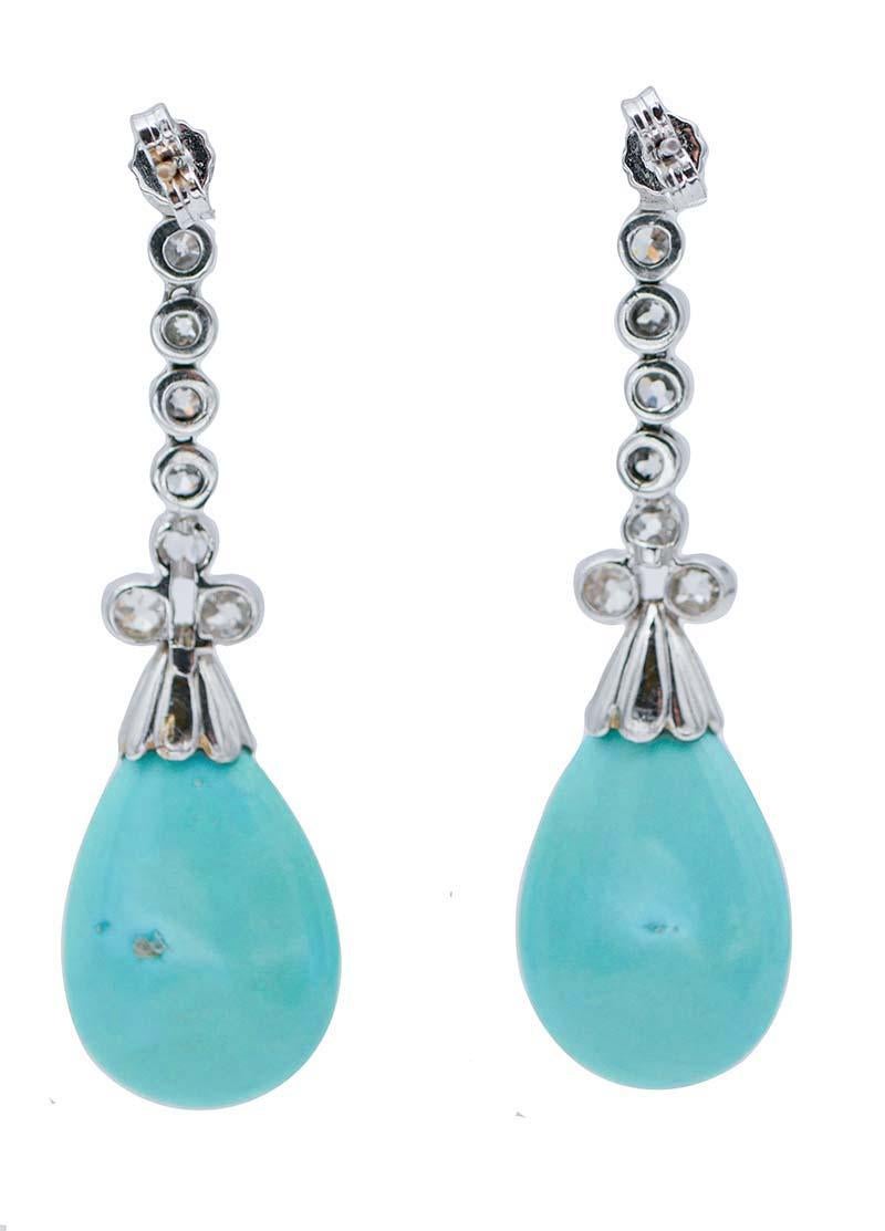 Retro Turquoise, Diamonds, White Gold and Silver Dangle Earrings For Sale