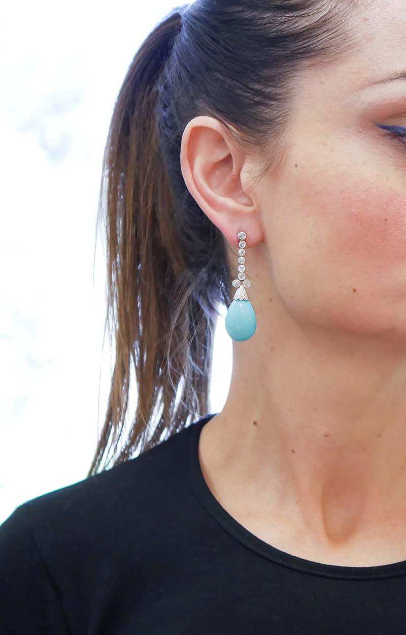 Mixed Cut Turquoise, Diamonds, White Gold and Silver Dangle Earrings For Sale
