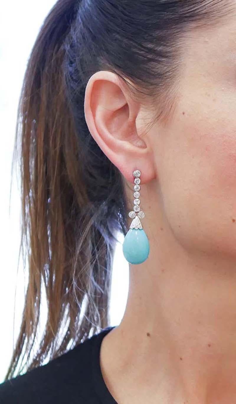 Turquoise, Diamonds, White Gold and Silver Dangle Earrings In Good Condition For Sale In Marcianise, Marcianise (CE)