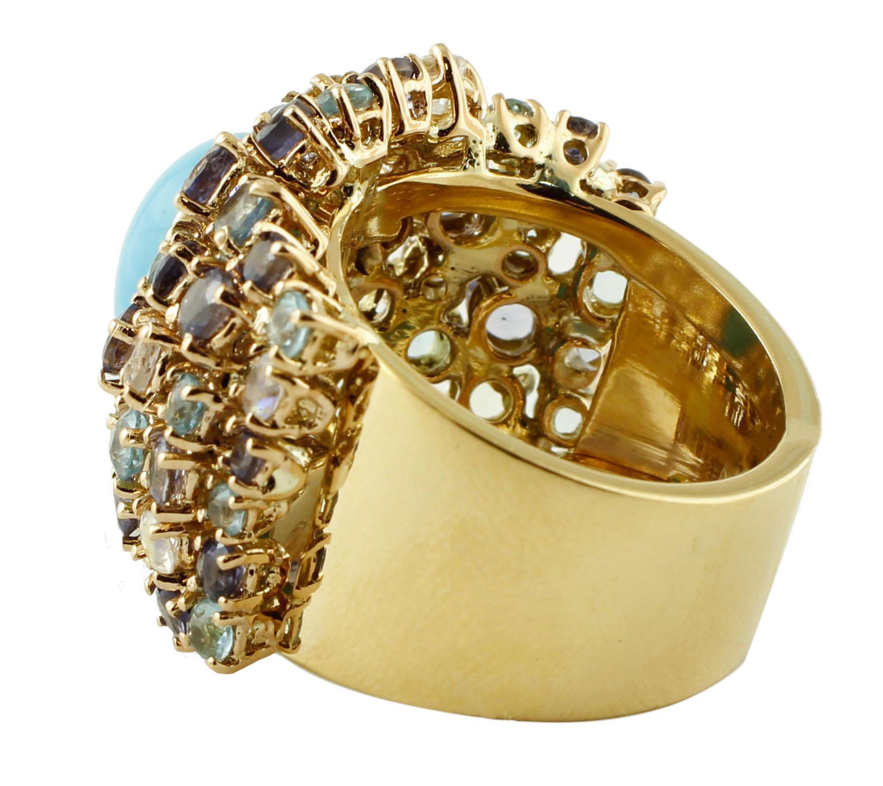 Retro Turquoise, Diamonds, White Sapphires, Topazes, Iolite, 14 Karat Yellow Gold Ring
