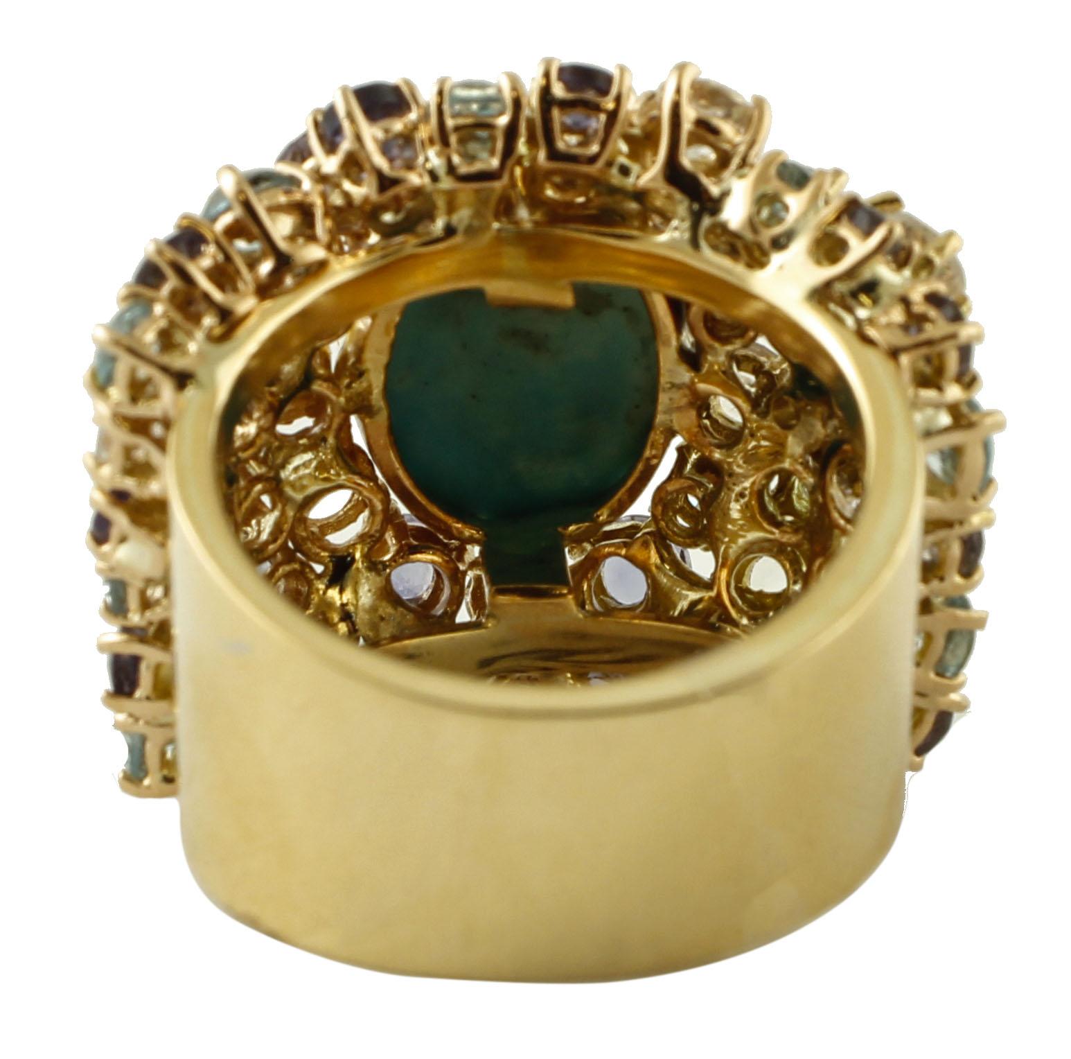 Turquoise, Diamonds, White Sapphires, Topazes, Iolite, 14 Karat Yellow Gold Ring In Good Condition In Marcianise, Marcianise (CE)