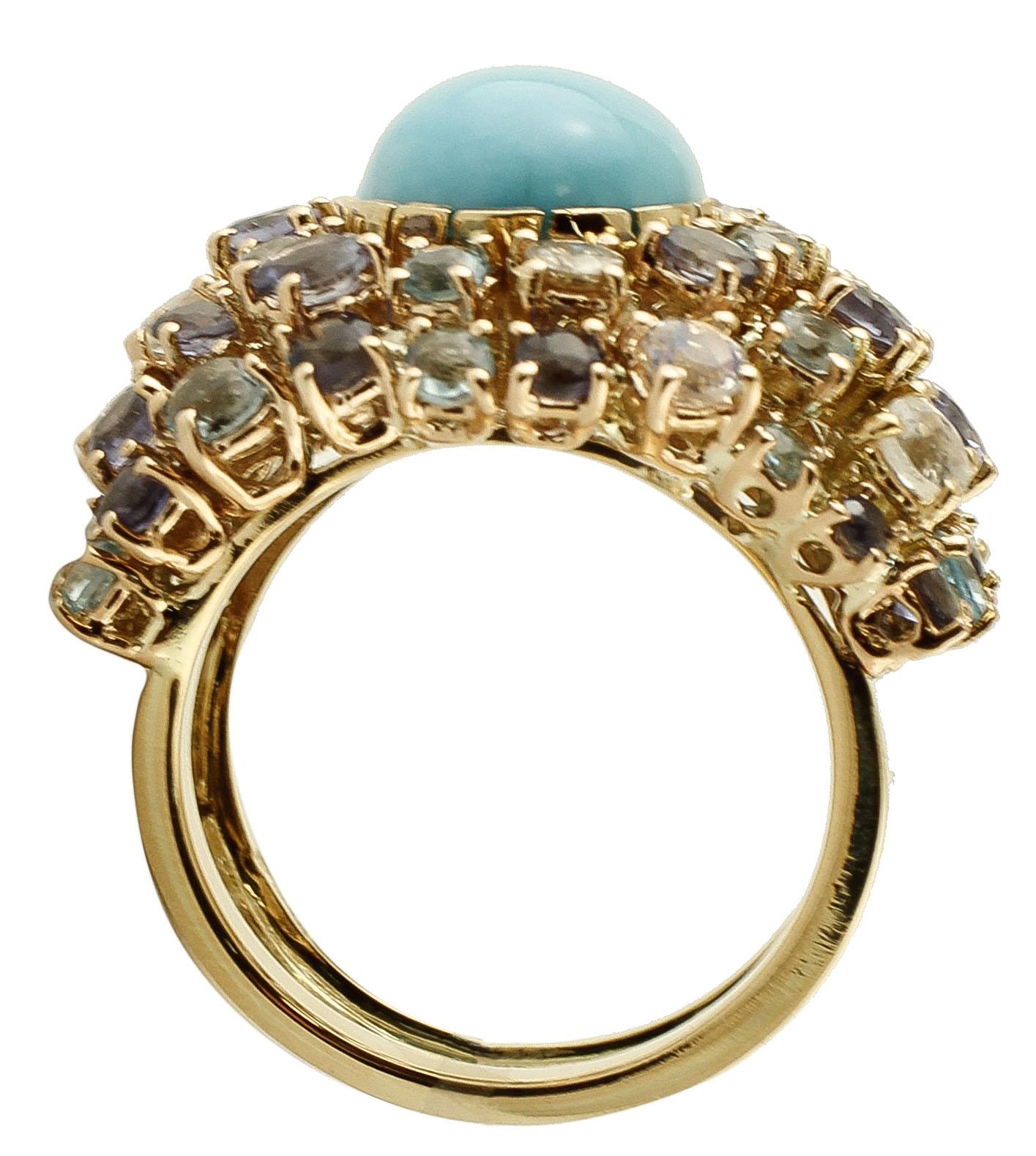 Women's Turquoise, Diamonds, White Sapphires, Topazes, Iolite, 14 Karat Yellow Gold Ring