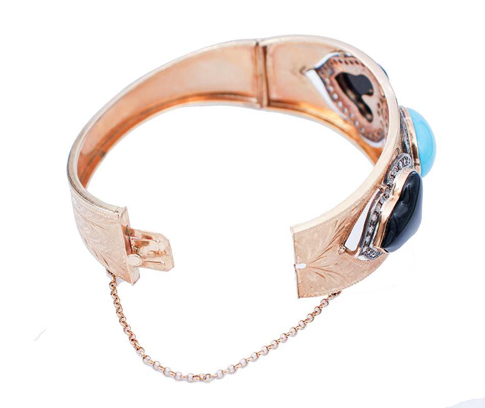Mixed Cut Turquoise, Onyx, Diamonds, 14 Karat Rose Gold and Silver Retrò Bracelet For Sale