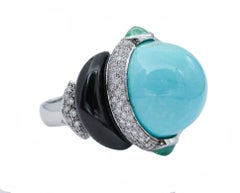 Turquoise, Onyx, Emeralds, Diamonds, 14 Karat White Gold Ring