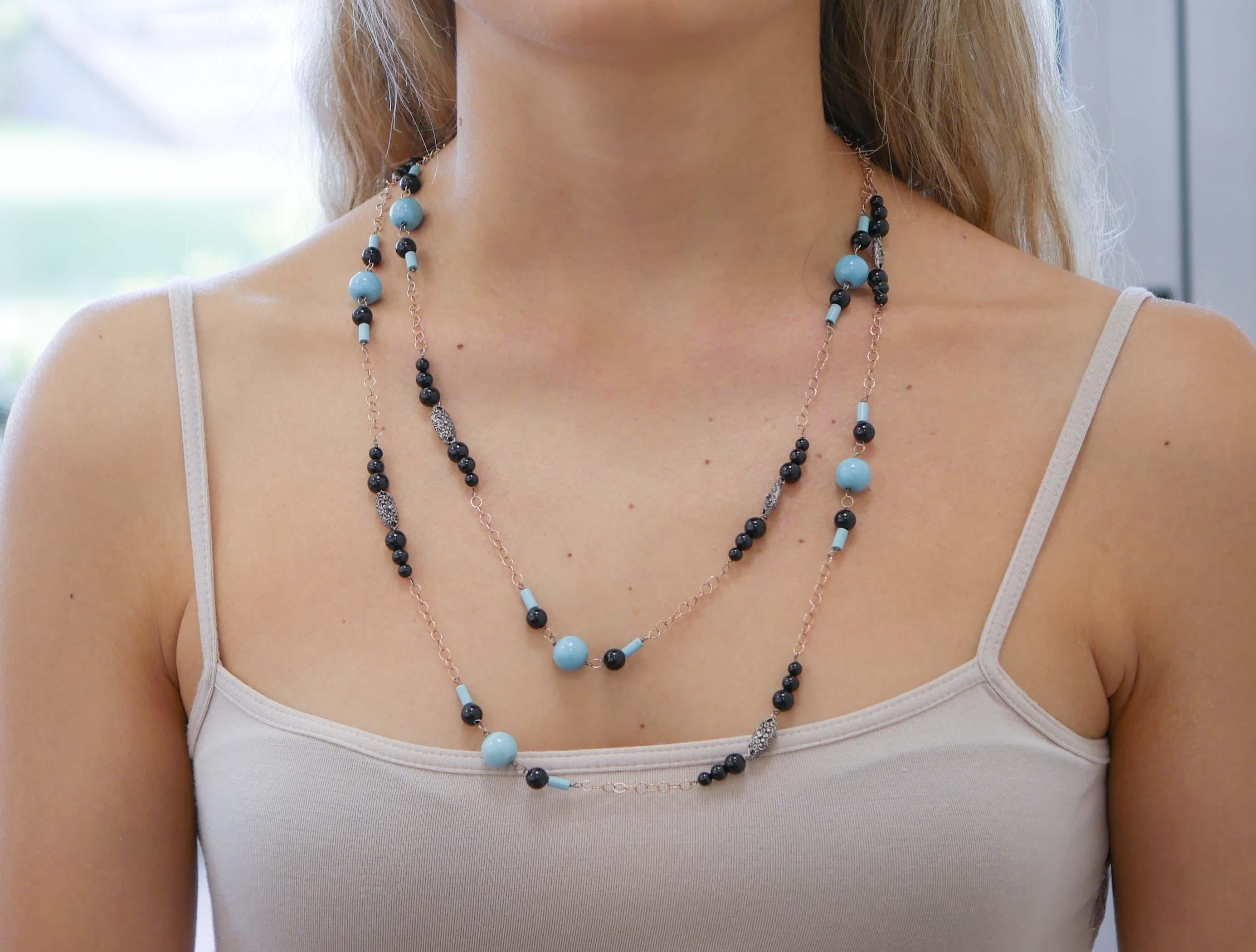 Retro Turquoise, Onyx, Rose Gold and Silver Necklace