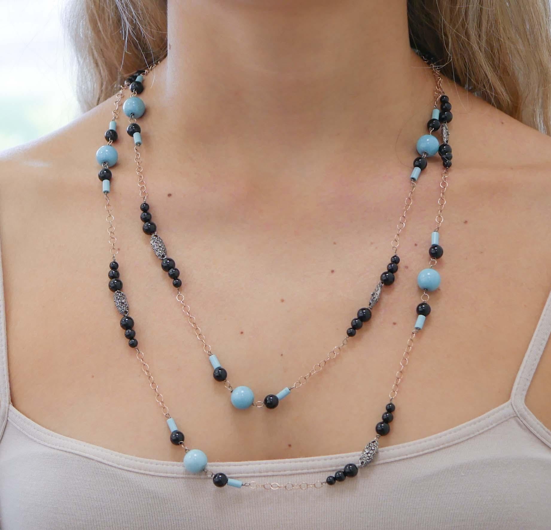 Mixed Cut Turquoise, Onyx, Rose Gold and Silver Necklace