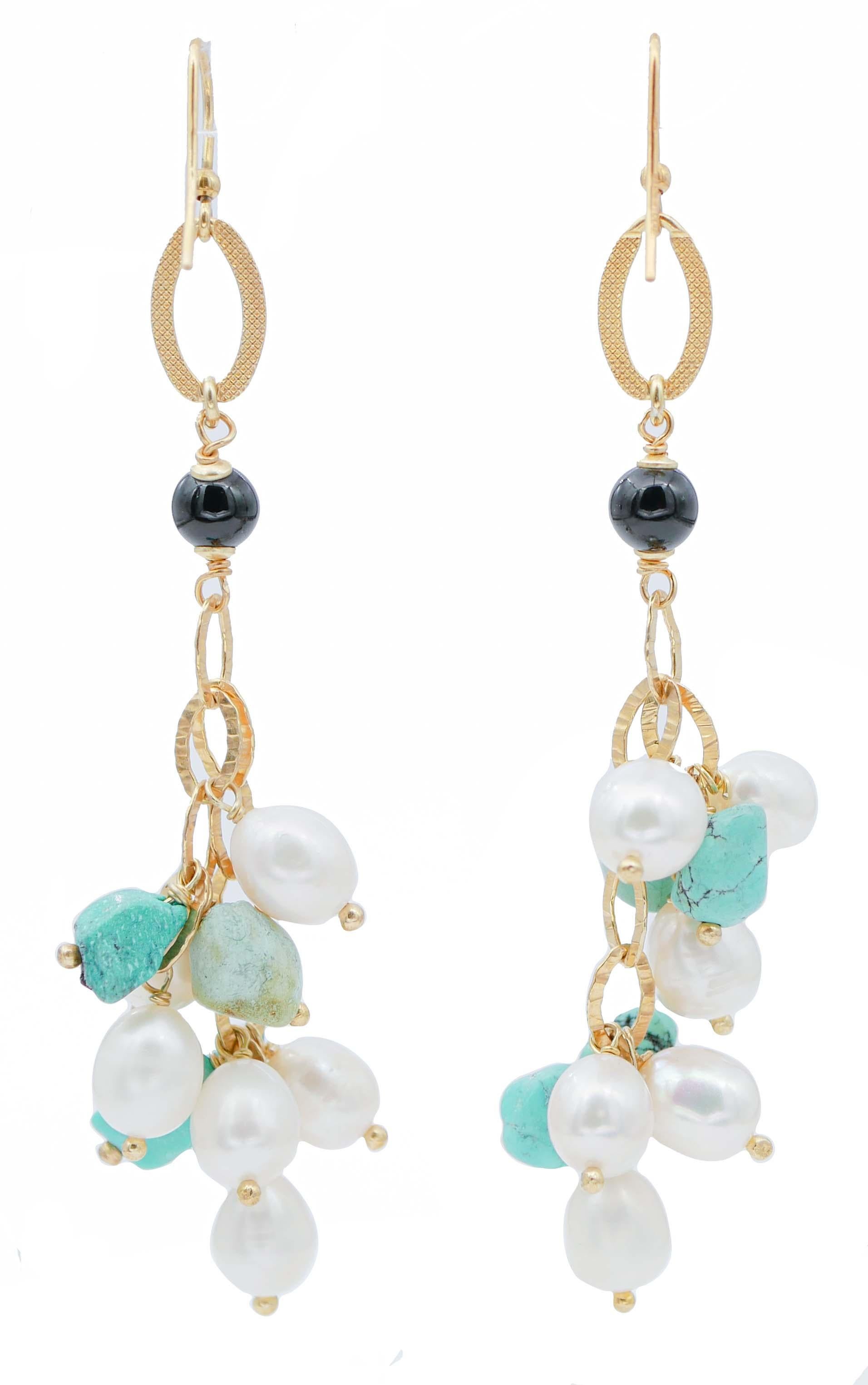 Retro Turquoise, Pearls, Onyx, Dangle Earrings.