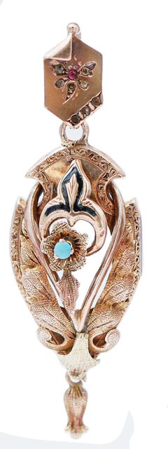Turquoise, Rubies, Diamonds, Enamel, 12 Kt Rose Gold Retrò Earrings