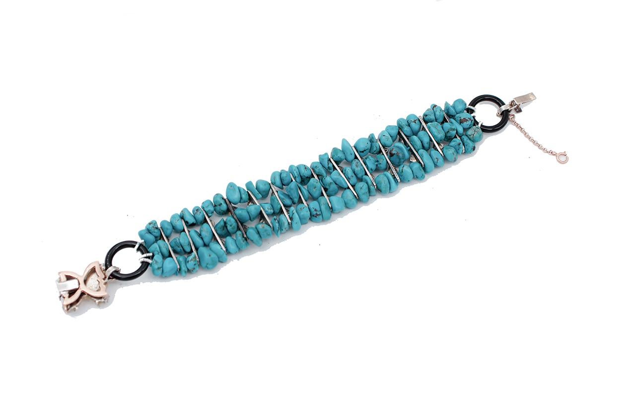Retro Turquoise, Rubies, Stones, Onyx, 9 Karat Rose Gold and Silver Bracelet For Sale